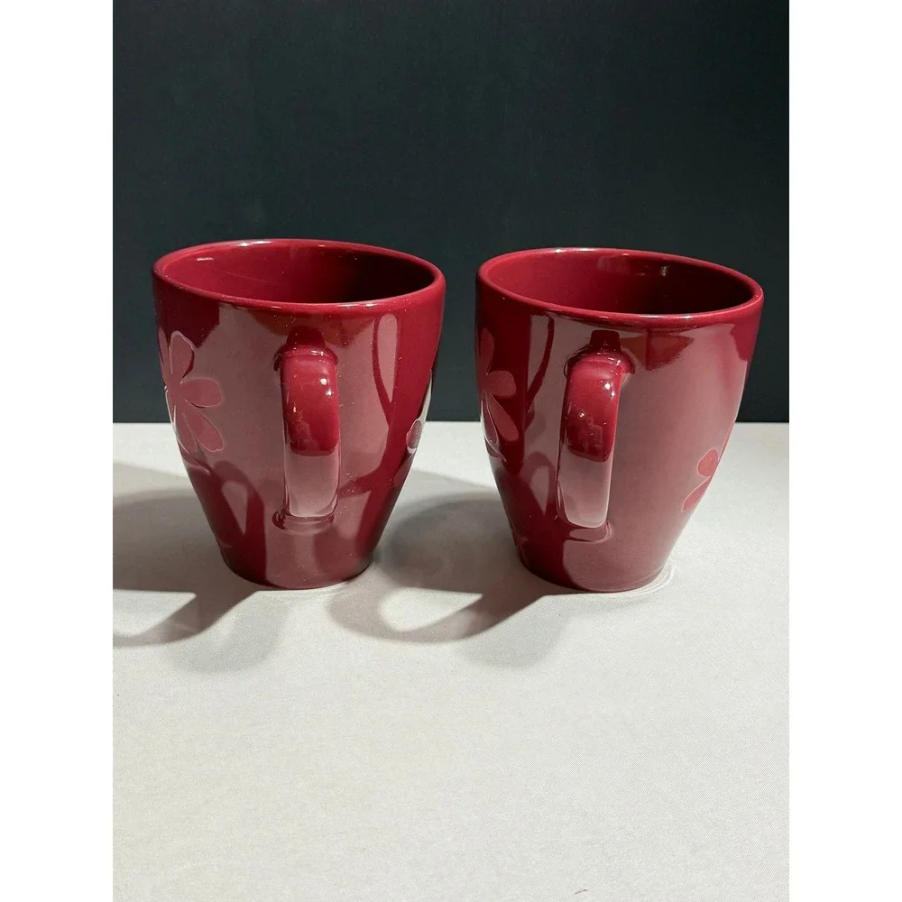 Pier 1 Red Floral Embossed Stoneware Coffee Mugs Set of 2 Deep Red Burgundy
